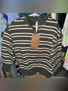 Kids Striped Half-Zip Hoodie Sweatshirt - Green & Cream